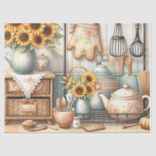 Papel De Seda Tetera Retro y Girasoles Cocina Acuarela