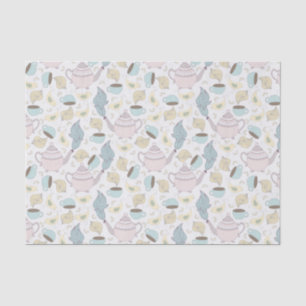 Papel De Seda Tetera rosa vintage y tazas azules sobre blanco