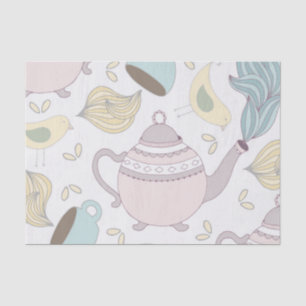 Papel De Seda Tetera Vintage Pájaro Amarillo Taza Azul Pastel Té