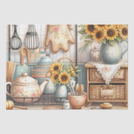 Papel De Seda Tetera y Girasoles Cocina Acuarela