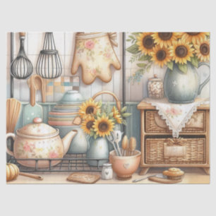 Papel De Seda Tetera y Girasoles Cocina Acuarela