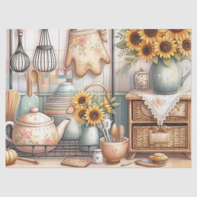 Papel De Seda Tetera y Girasoles Cocina Acuarela (Anverso)