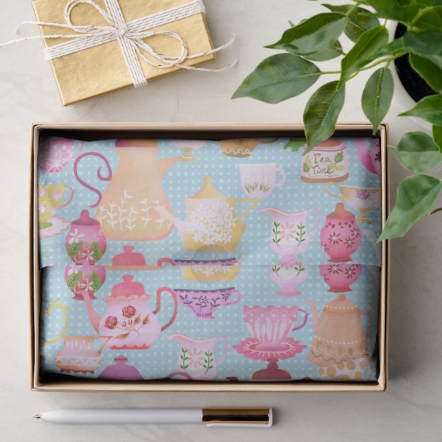 Papel De Seda Tetera y tazas azules  (Regalo )