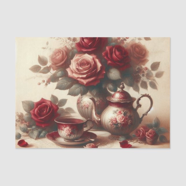 Papel De Seda Teteria floral de tetera antigua y rosa roja (Anverso)