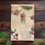 Papel De Seda Texto vintage con Navidades Desaparición de produc<br><div class="desc">Textura de fondo de pergamino envejecido de color sepia con pulverizadores de Navidades botánicos y ornamentos y escritura gruesa.</div>
