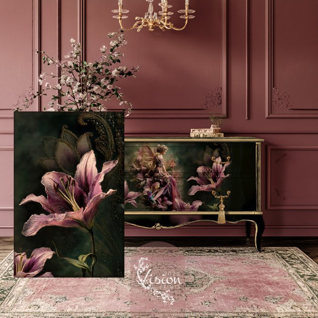 Papel De Seda The Lily, Mauve & Moody Green Fantasy Floral (The Lily, Fairy tail fantasy, Ethereal floral garden, decoupage tissue paper.)