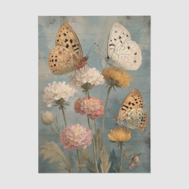 Papel De Seda Three Painterly Butterflies Perched on Flowers (Anverso)