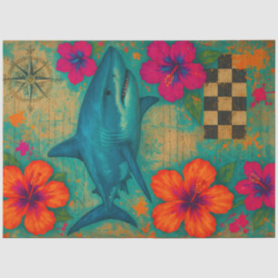 Papel De Seda Tiburón tropical con Hibiscus y descomposición de