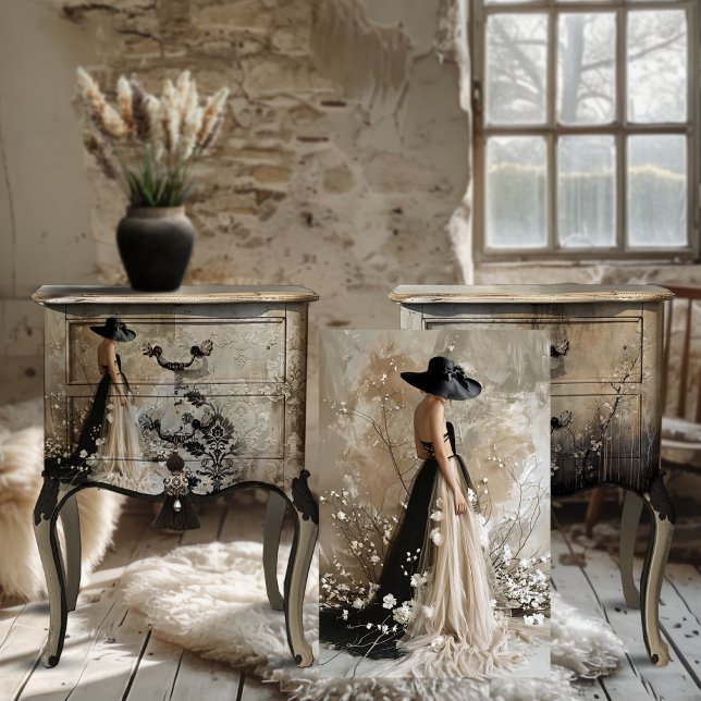 Papel De Seda Tie negro, retrato elegante de mujer y floral (Black Tie, Elegant, Rustic, Floral Blossoms Portrait Art, Decoupage Tissue Paper.)