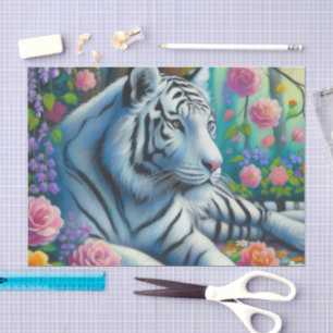 Papel De Seda Tigre blanco en un bosque con desenlace de flores