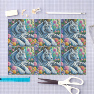Papel De Seda Tigre blanco en un bosque con desenlace de flores