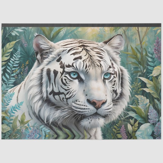 Papel De Seda Tigre blanco en una selva verde azul (Anverso)