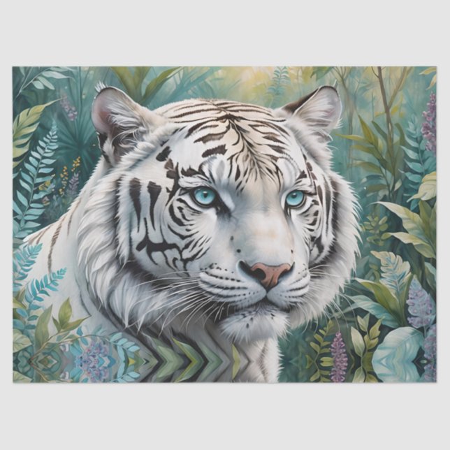 Papel De Seda Tigre blanco en una selva verde azul (Anverso)