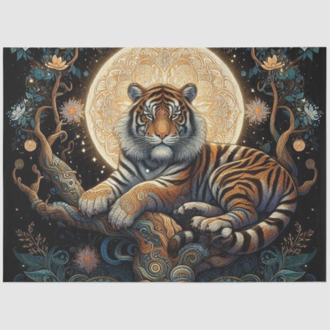Papel De Seda Tigre de Boho en árbol con luna (Anverso)