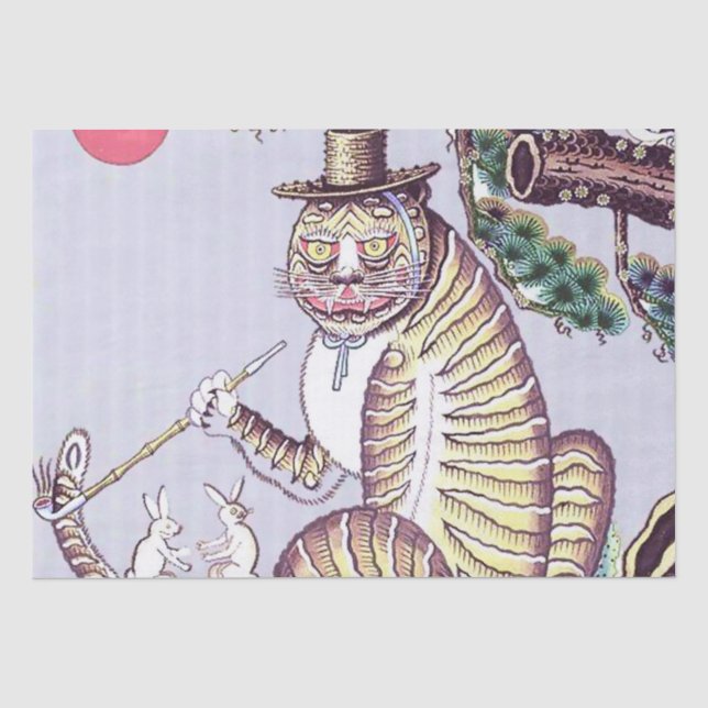 Papel De Seda Tigre Minhwa con conejos y pipa (Anverso)