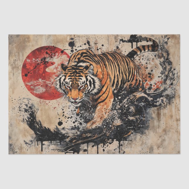 Papel De Seda Tigre violento de Asia con sol rojo (Anverso)