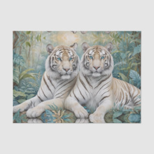 Papel De Seda Tigres dorados pálidos en una selva verde azul