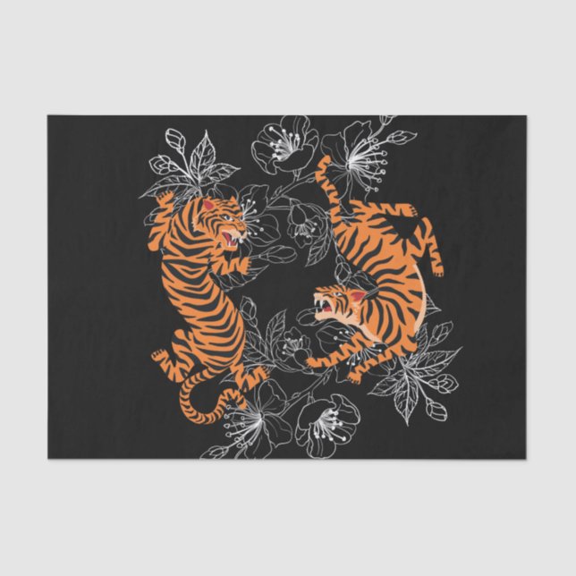 Papel De Seda Tigres estilo arte japonés fondo negro (Anverso)