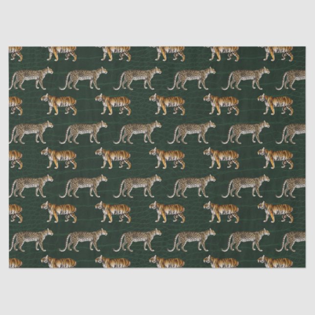 Papel De Seda Tigres y leopardos en el desenlace verde (Anverso)