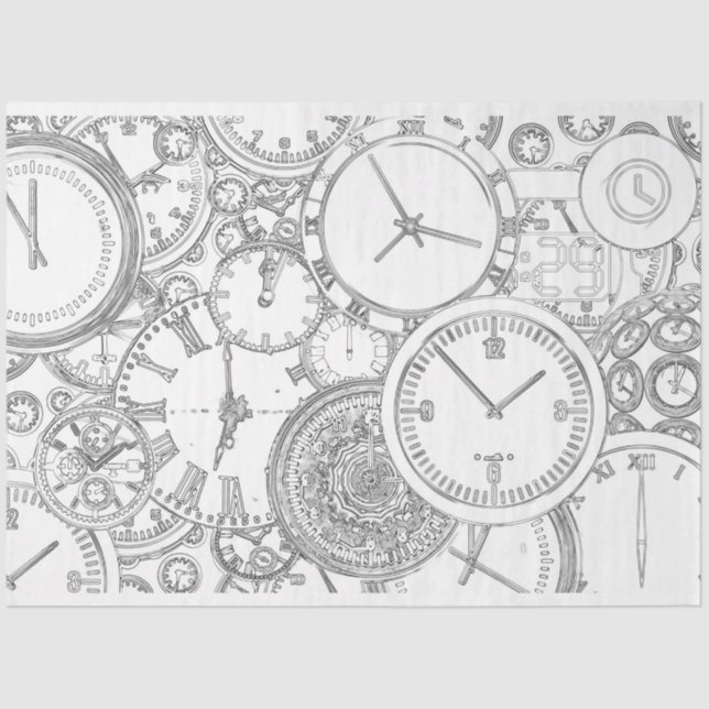 Papel De Seda Time Clocks Black White Decp Tejido Paper (Anverso)