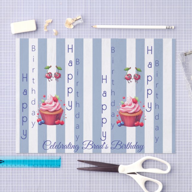 Papel De Seda Tissue Paper Blue & White Stripe Birthday  (Artesanía)