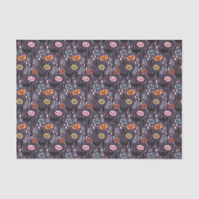Papel De Seda Tocantes calabazas, murciélagos y lápidas de Hallo (Anverso)