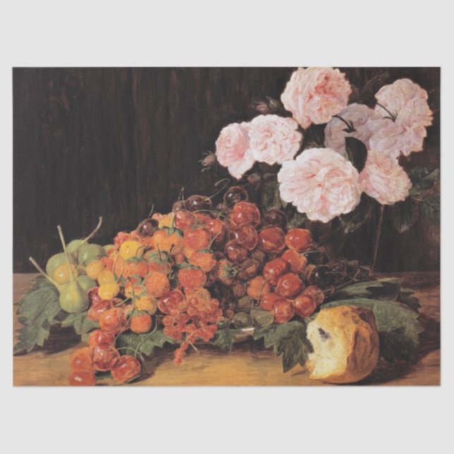 Papel De Seda Todavía la vida con Rosas, fresas y pan (Anverso)