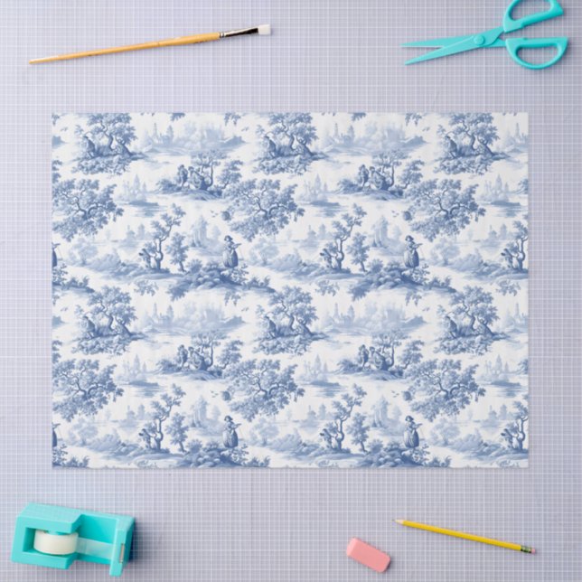 Papel De Seda Toile du Jouy Blue Faux French  (Artesanía)