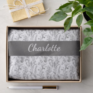 Papel De Seda Toile Floral Blanco y Negro con Nombre Personaliza