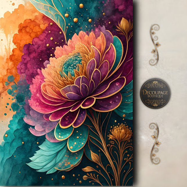 Papel De Seda Tono Floral Radioso de Decoupage de Joyas (Radiant Jewel Tone Floral Decoupage Tissue Paper)