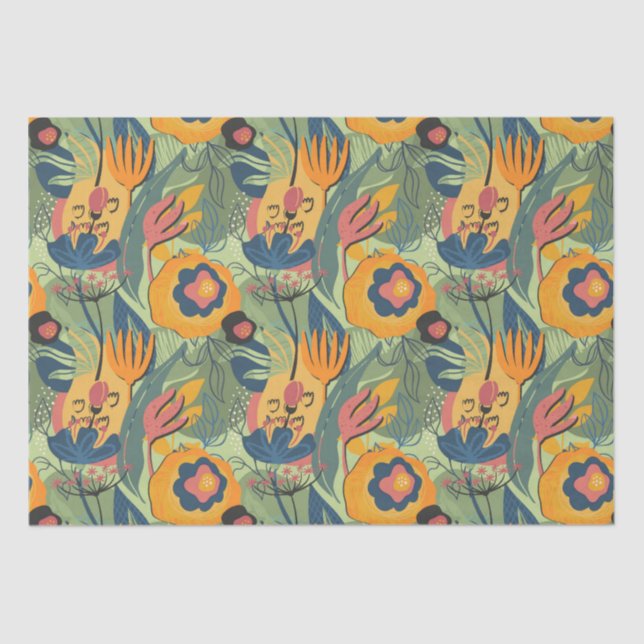 Papel De Seda Tonos de tierra ricos flores exóticas patrón trans (Anverso)