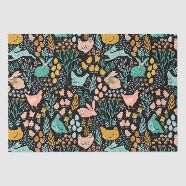 Papel De Seda Tonos pasteles Patrón de símbolos de Pascua en neg (Anverso)
