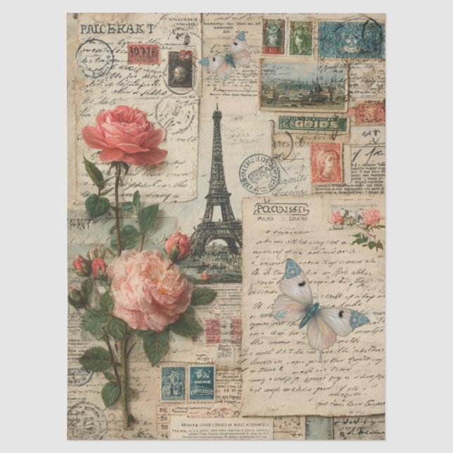 Papel De Seda Torre Eiffel de Medios Mixtos, Flores y Mariposas (Anverso)