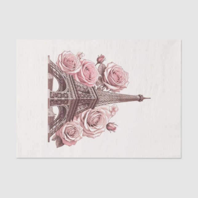 Papel De Seda Torre Eiffel de París y rosas rosadas (Anverso)