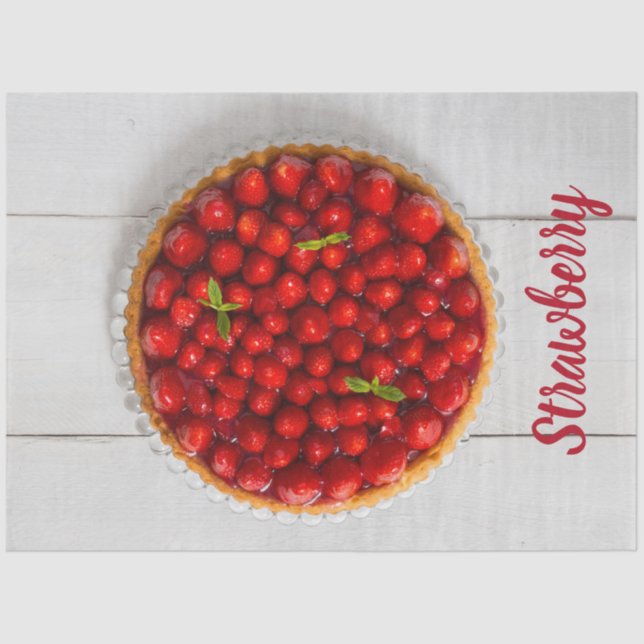 Papel De Seda Torta de fresa con menta en madera blanca (Anverso)