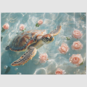 Papel De Seda Tortuga marina con decoupage de rosas rosadas