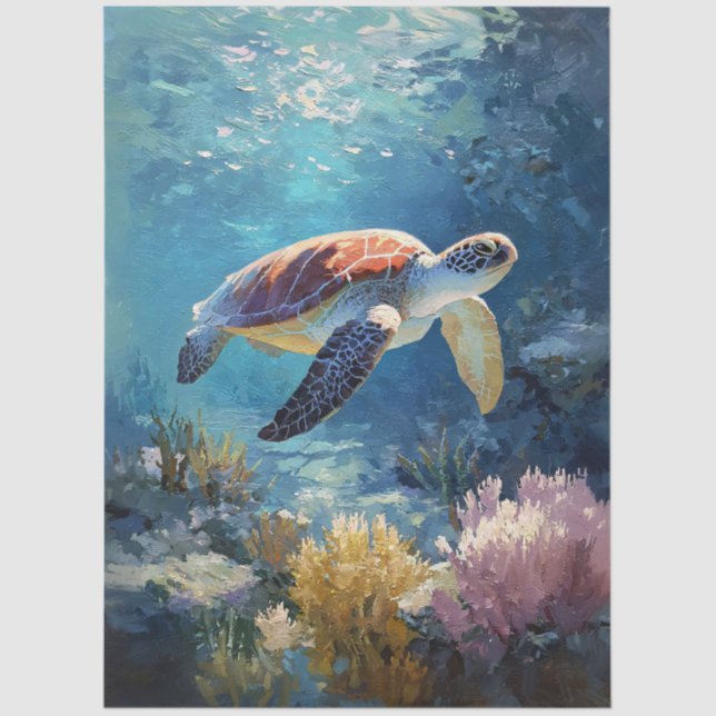 Papel De Seda Tortuga marina relajada nadando en decoupage (Anverso)