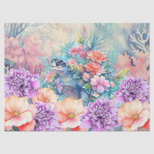 Papel De Seda Tortuga Marina Tropical & Florales Acuarela