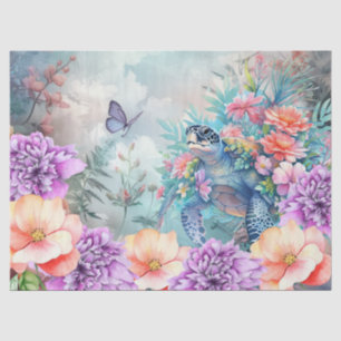 Papel De Seda Tortuga Marina Tropical & Florales Acuarela