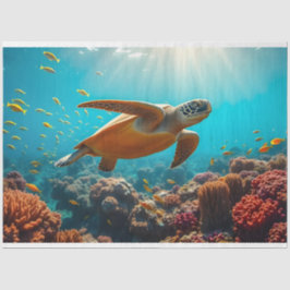 Papel De Seda Tortuga marina y muchos peces pequeños bajo el agu