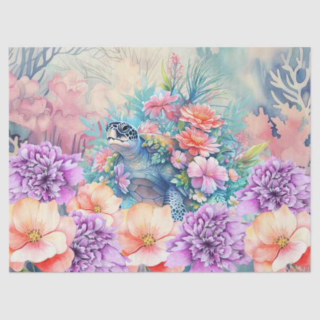 Papel De Seda Tortuga tropical marina y flores acuáticas (Anverso)
