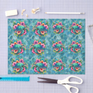 Papel De Seda Tortugas Marinas Florales Coloridas en Mosaico de