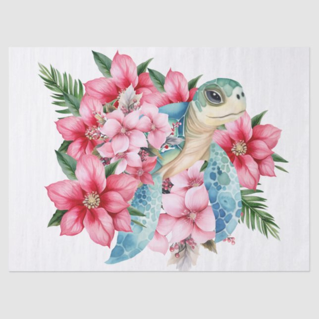 Papel De Seda Tortugas marinas y flores rosadas (Anverso)