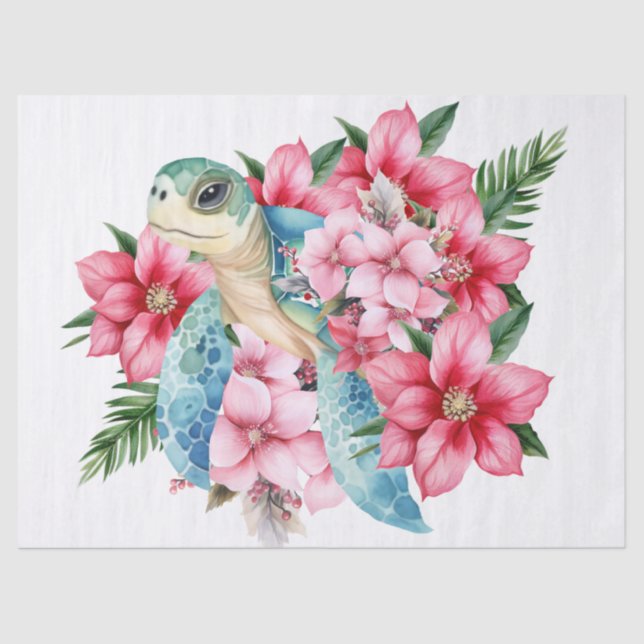 Papel De Seda Tortugas marinas y flores rosadas (Anverso)