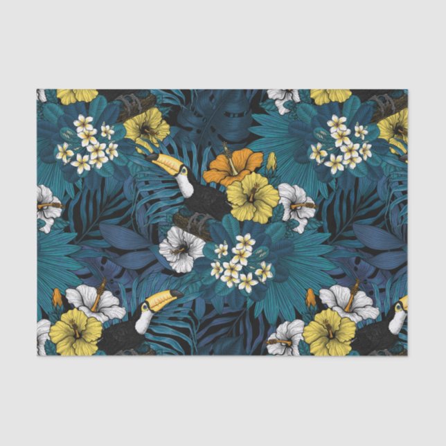 Papel De Seda Toucans and tropical flora, blue , yellow , orange (Anverso)