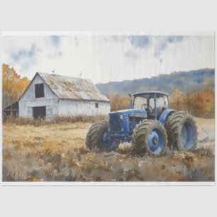 Papel De Seda Tractor Azul Rústico Granero Blanco Acuarela