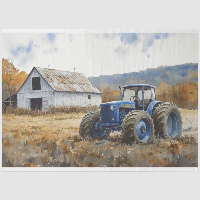 Papel De Seda Tractor Azul Rústico Granero Blanco Acuarela (Anverso)