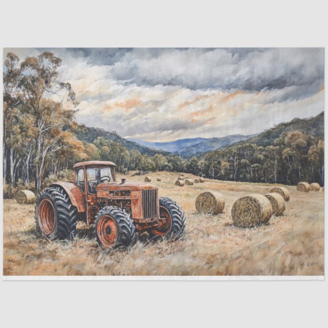 Papel De Seda Tractor en un desenlace rústico en Hay Field (Anverso)