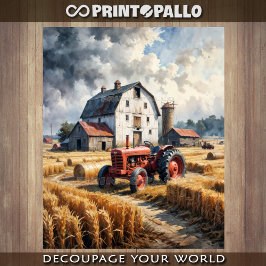 Papel De Seda Tractor y granero en paisaje rural