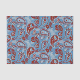 Papel De Seda Tradicional Paisley Linocut Rojo Azul Blanco
